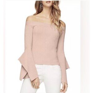 BCBGMAXAZRIA Off-shoulder Flare sleeve Ribbed top Blush Pink Small